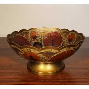 Vintage Enameled Brass Peacock Flowers Deco Bowl Or Trinket Jewelry Dish 7"